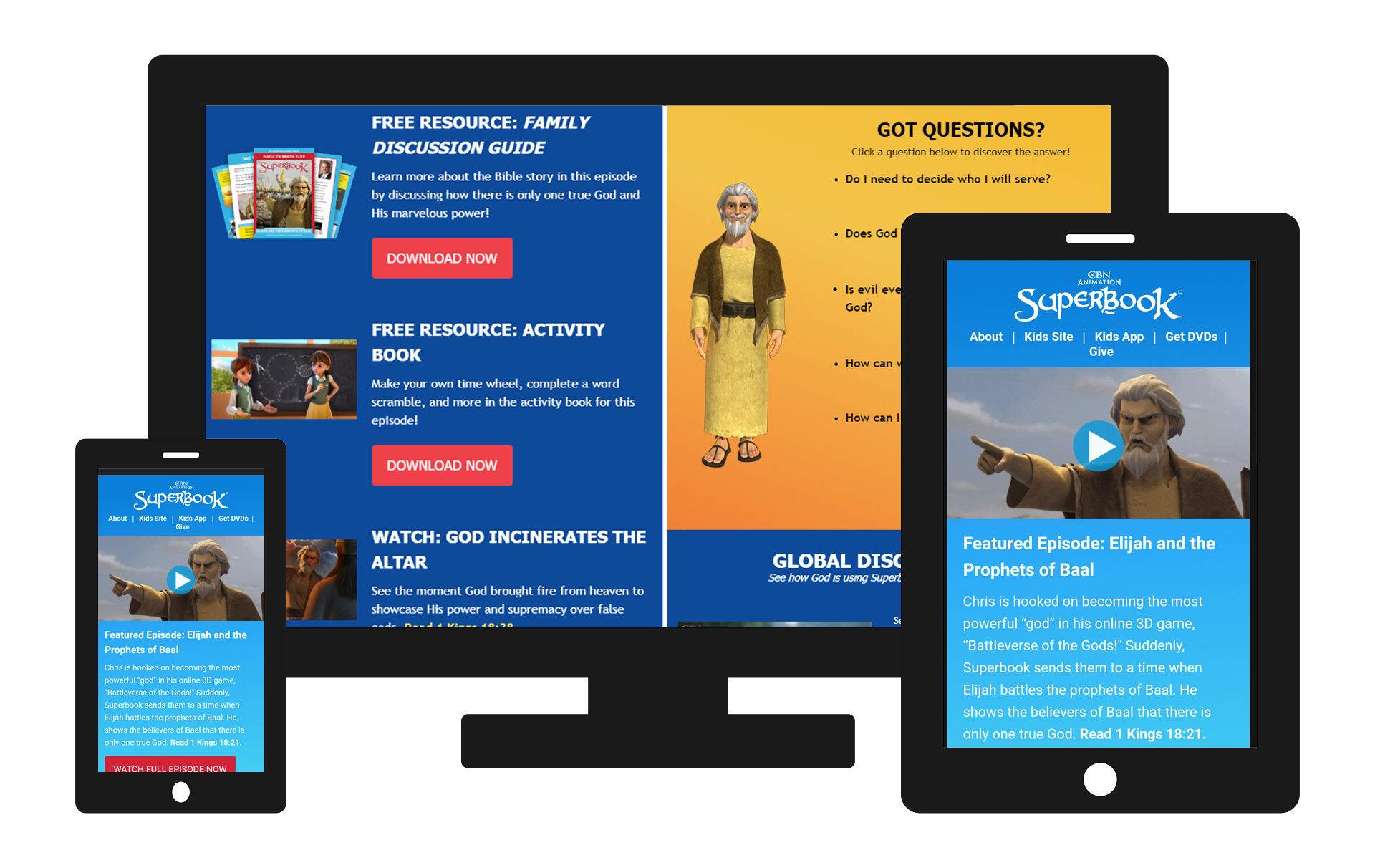 Various screen sizes show Superbook Kid's monthly newsletter