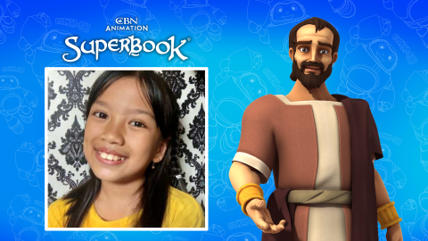 Grace, a 10-year-old girl from Bali, smiles at the camera. The CBN Animation and Superbook logos are above her. To Grace's right is a graphic of Paul from Superbook.