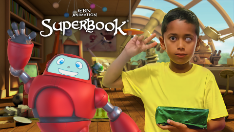 Ray, an 11-year-old boy in Indonesia, holds up his hand in a peace sign on the right side of frame. Gizmo stands behind Ray to the left and waves enthusiastically. The CBN Animation and Superbook logos are stacked above Gizmo.