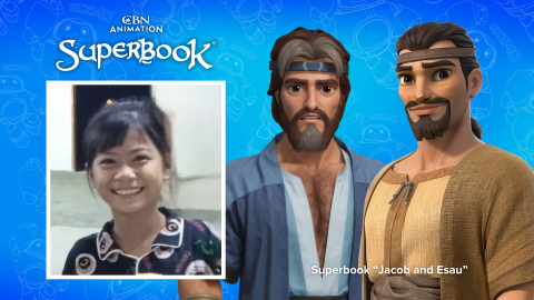 Nadi Lin, a 13-year-old girl from Myanmar, smiles. Superbook's Jacob and Esau are on the right. The CBN Animation and Superbook logos are above Nadi Lin's picture.