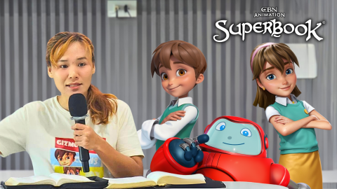 Chris, Joy, and Gizmo stand next to a Mrs. Mary, a Sunday school teacher in Thailand. The CBN Animation and Superbook logos are stacked above Joy.