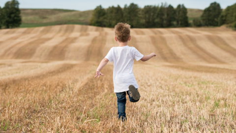 little boy running in a farmfield