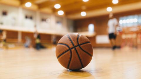  A basketball on a court