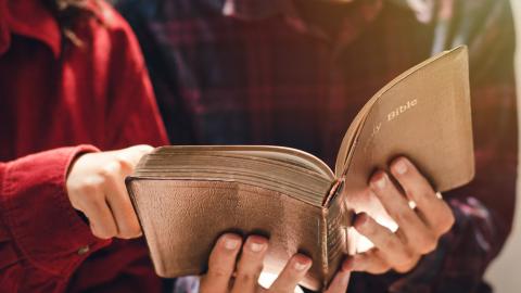 Woman pointing at a Bible